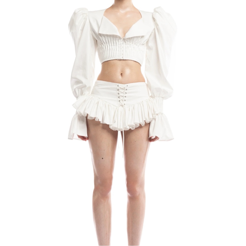 Elegant White Puff Sleeve Crop Top And Skirt Set